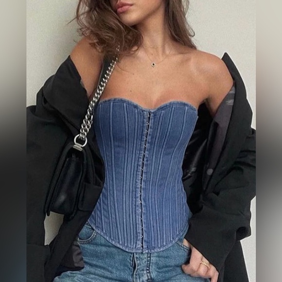 oneleven Tops - Denim Lace-up Corset Bustier from Revolve